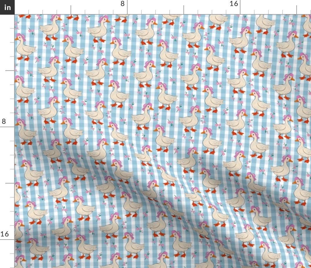 Blue Goose Gingham Fabric, Cottagecore Duck Seamless Pattern, Coquette Farmhouse Floral Plaid Print, Cute Vintage Goose Fabric for Baby