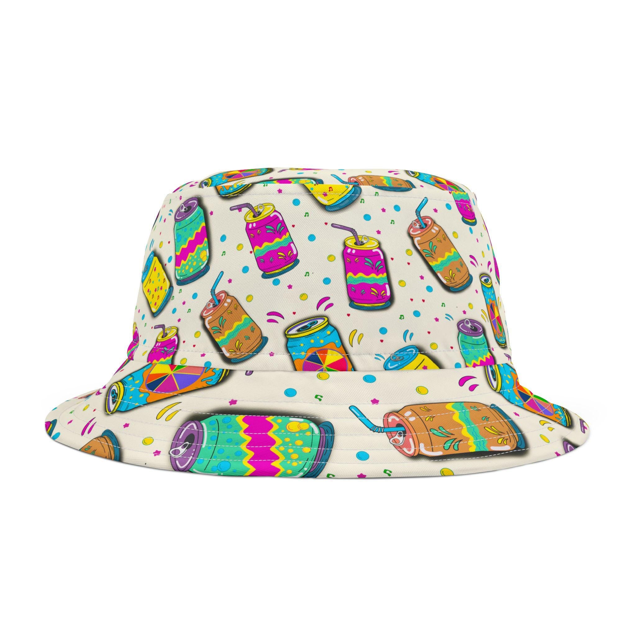 Colorful Soda Can Pattern Bucket Hat | Neon Pop Beverage Print