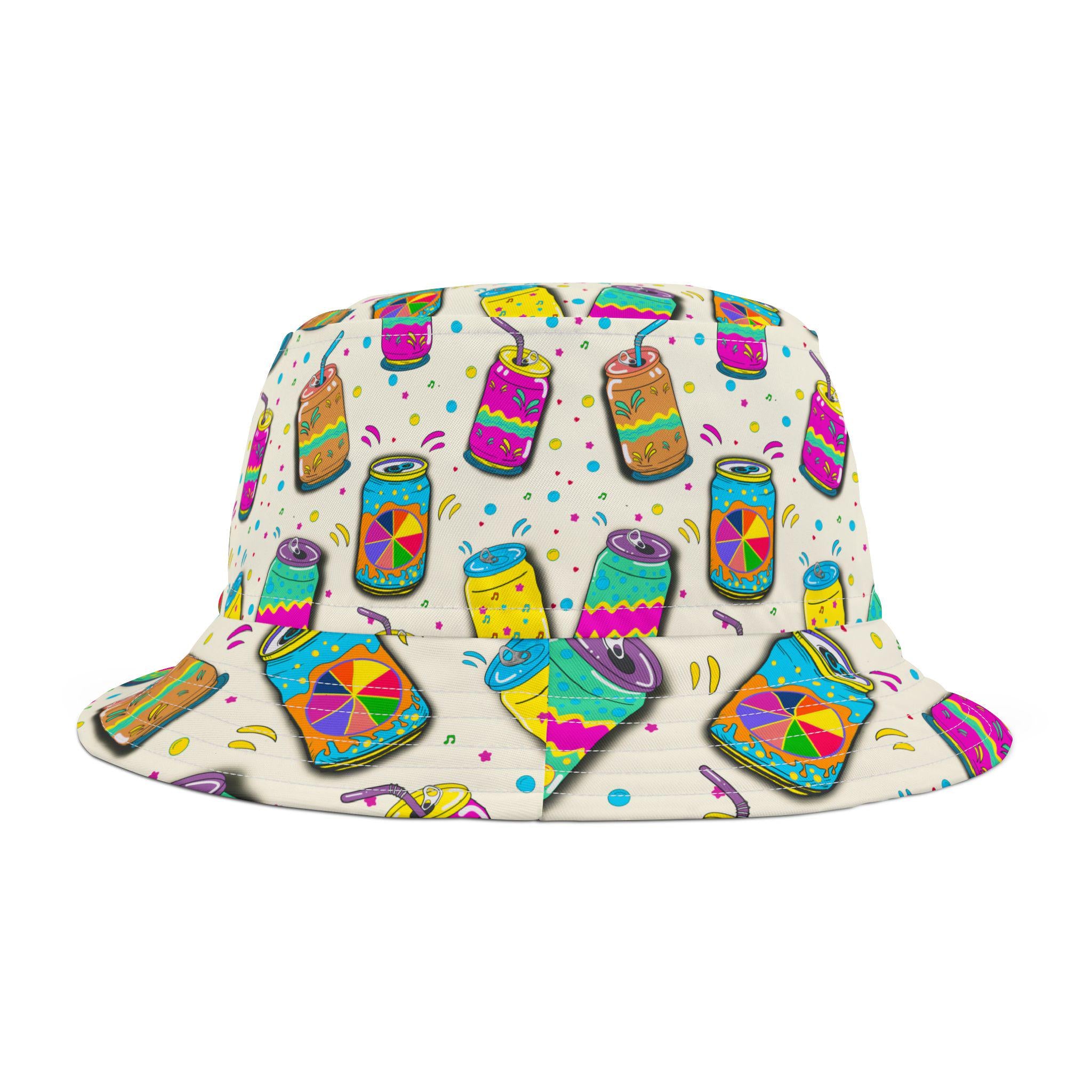 Colorful Soda Can Pattern Bucket Hat | Neon Pop Beverage Print