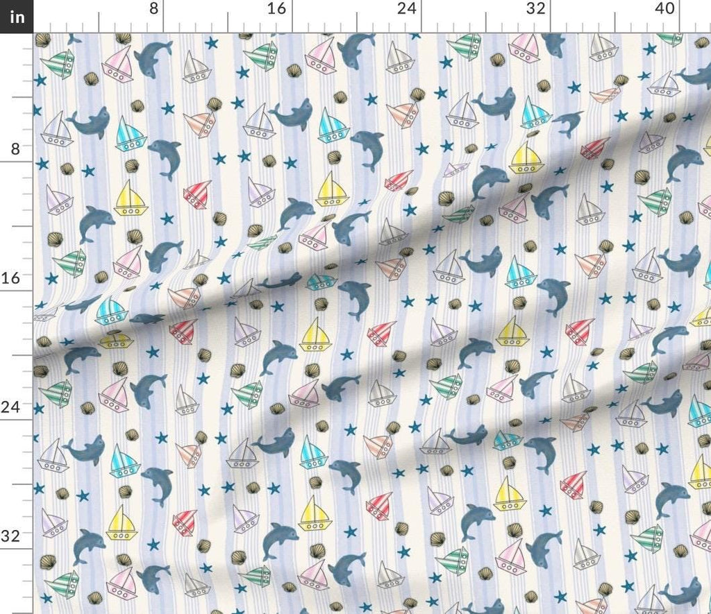 Ocean Dolphin Sailboat Nursery Fabric, Coastal Nautical Cotton Pattern