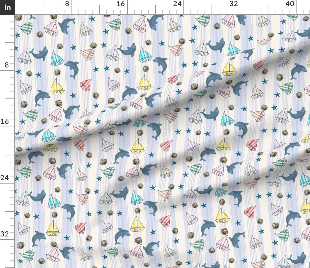 Ocean Dolphin Sailboat Nursery Fabric, Coastal Nautical Cotton Pattern