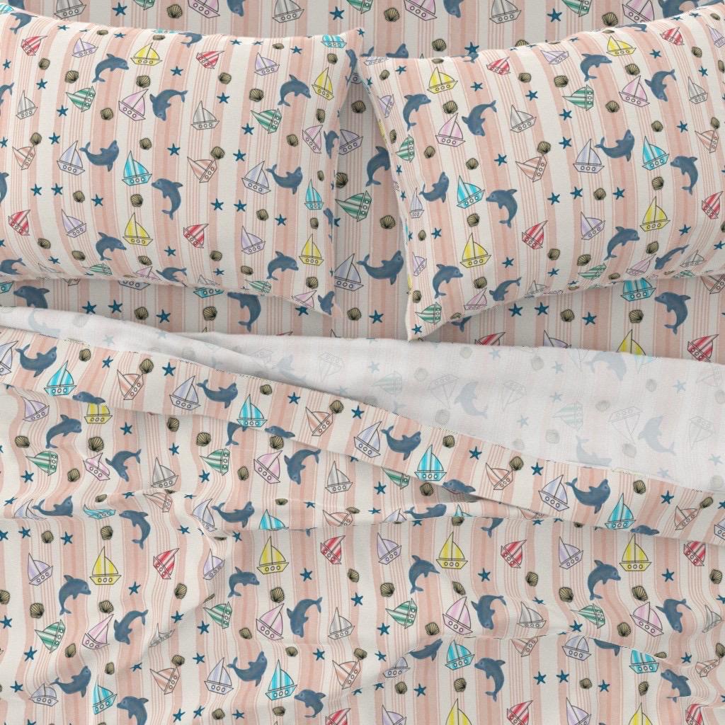 Pastel Dolphin Sailboat Nautical Cotton Fabric, Watercolor Ocean Baby Pattern