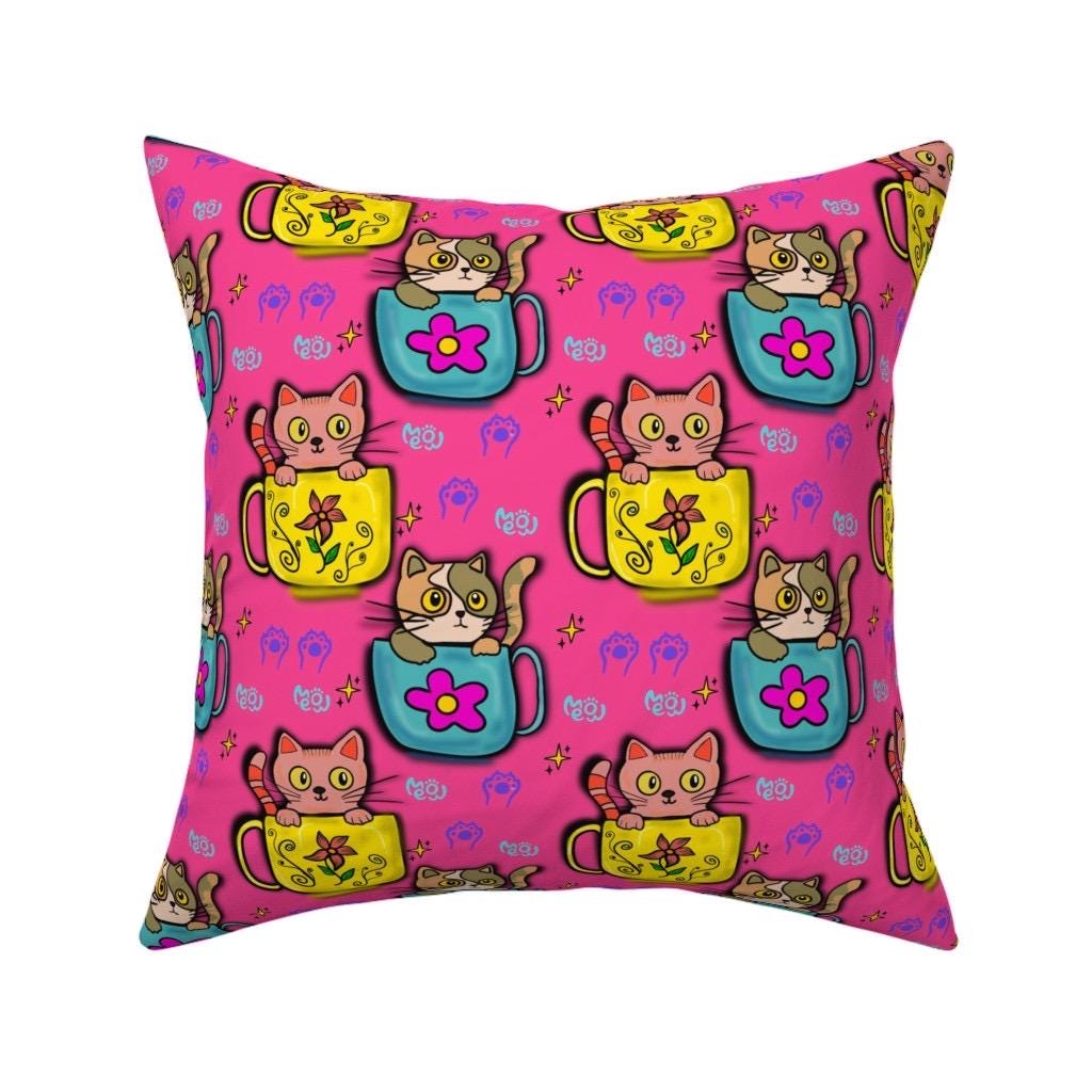 Pink Kawaii Kitty Fabric by the yard | Cats Lover | Tea Cup Cat | Textile Design