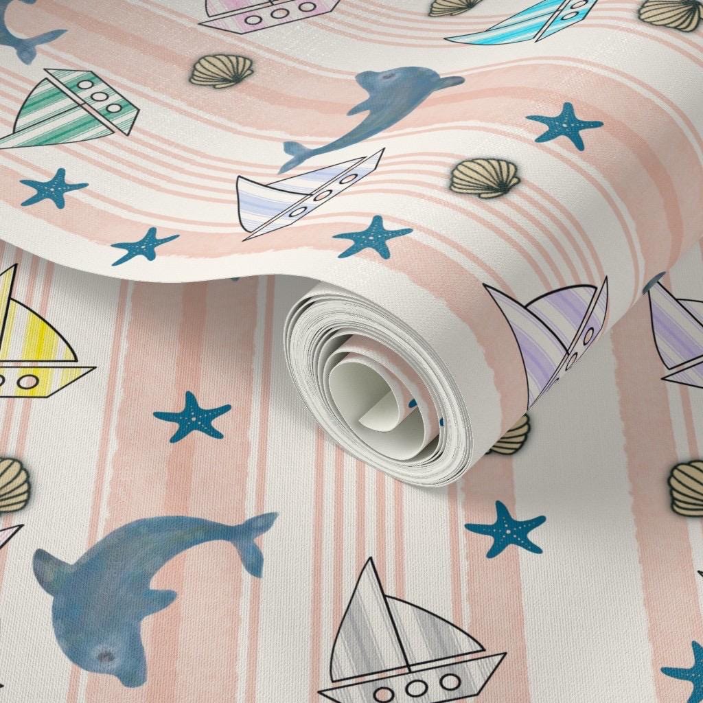 Pastel Dolphin Sailboat Nautical Cotton Fabric, Watercolor Ocean Baby Pattern