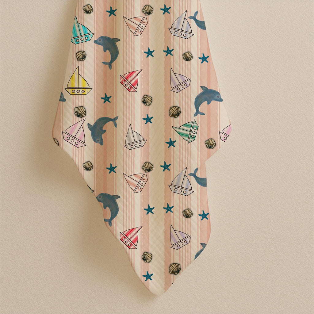 Pastel Dolphin Sailboat Nautical Cotton Fabric, Watercolor Ocean Baby Pattern