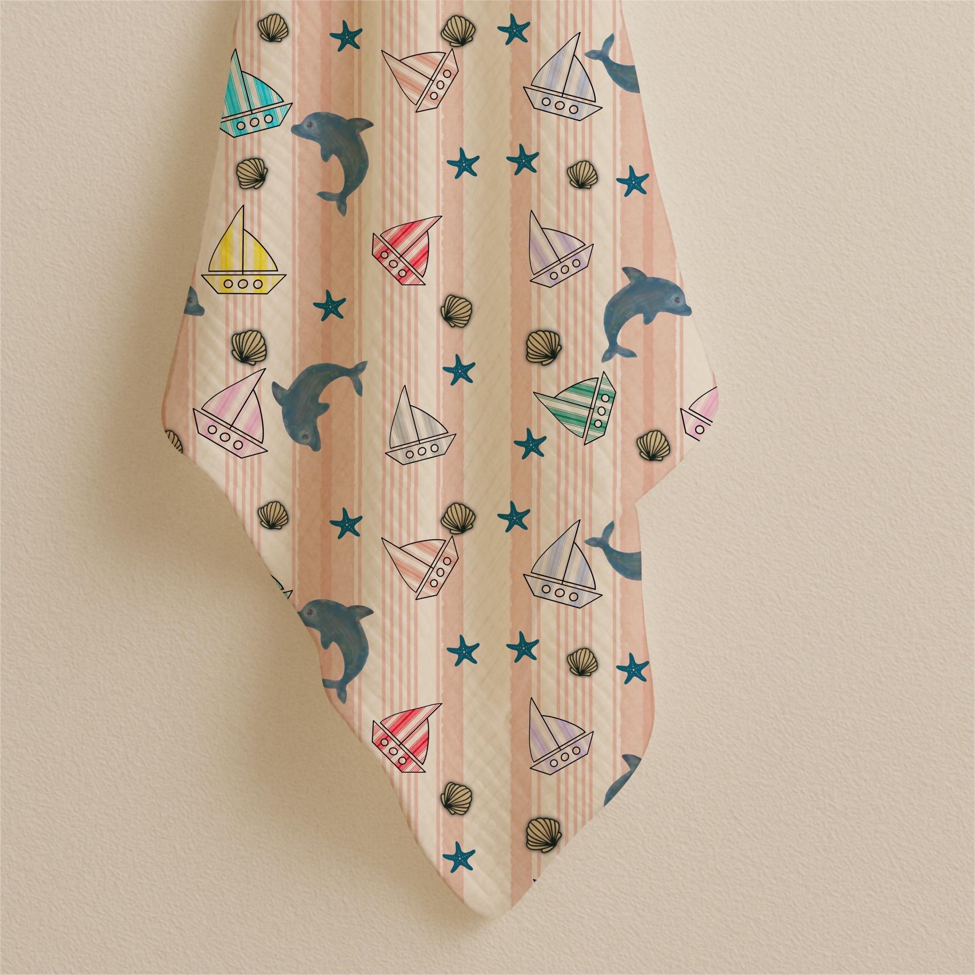 Pastel Dolphin Sailboat Nautical Cotton Fabric, Watercolor Ocean Baby Pattern