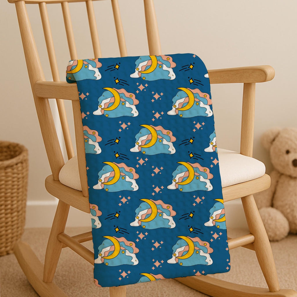 Navy Blue Celestial Cotton Fabric | Moon, Clouds, Stars Print, Nursery Sewing Material