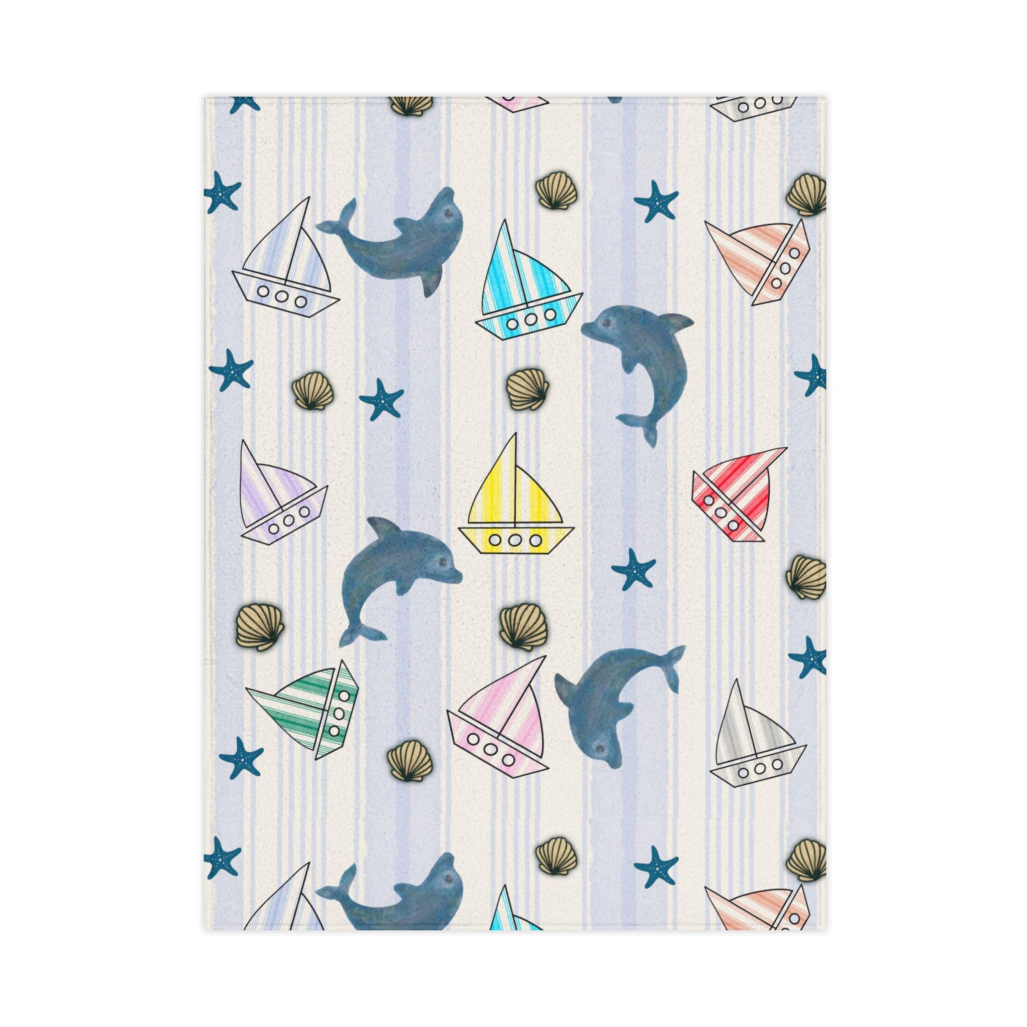 Dolphin and Sailboat Pattern Toddler Blanket | Nautical Sea Shells Striped