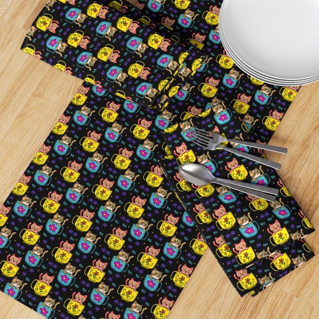 Kawaii Cat in Mug Fabric | Playful Kittens, Floral Accents, Whimsical Designs, fabric by the yard