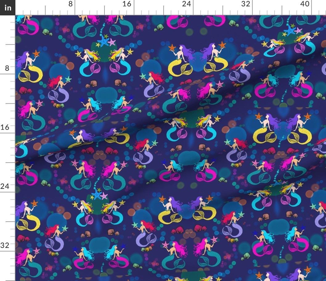 Dark Blue Mermaid Fabric, Quilting Cotton, Apparel Prints