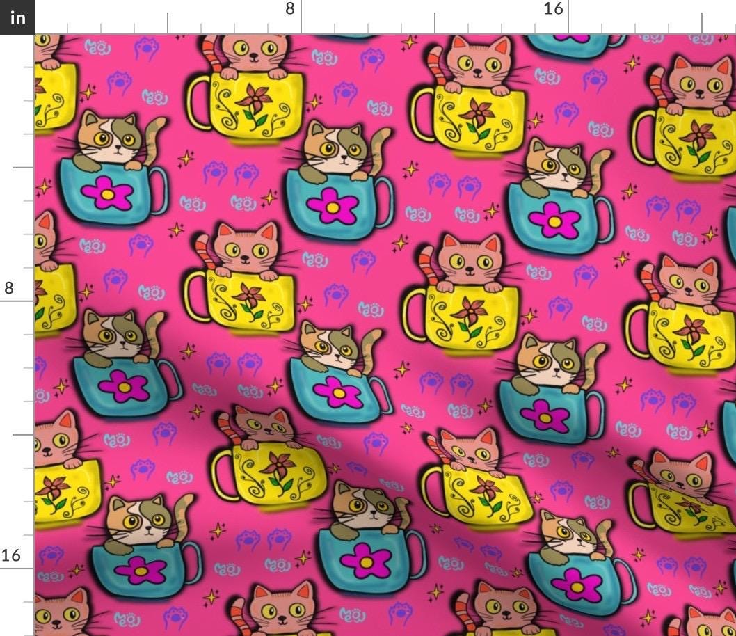 Pink Kawaii Kitty Fabric by the yard | Cats Lover | Tea Cup Cat | Textile Design