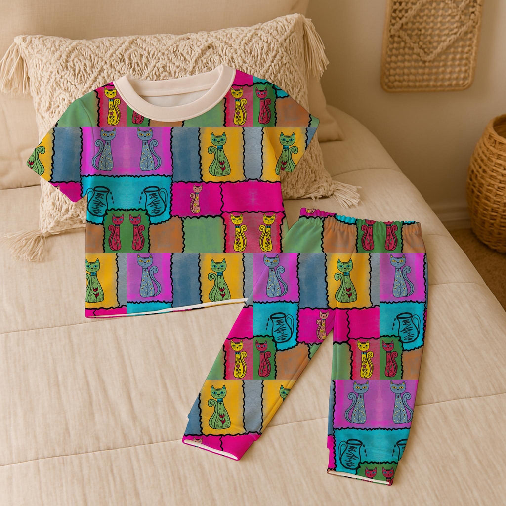 Whimsical Cat Patchwork Fabric – Folk Art Naive Illustration, Boho Quilting Cotton