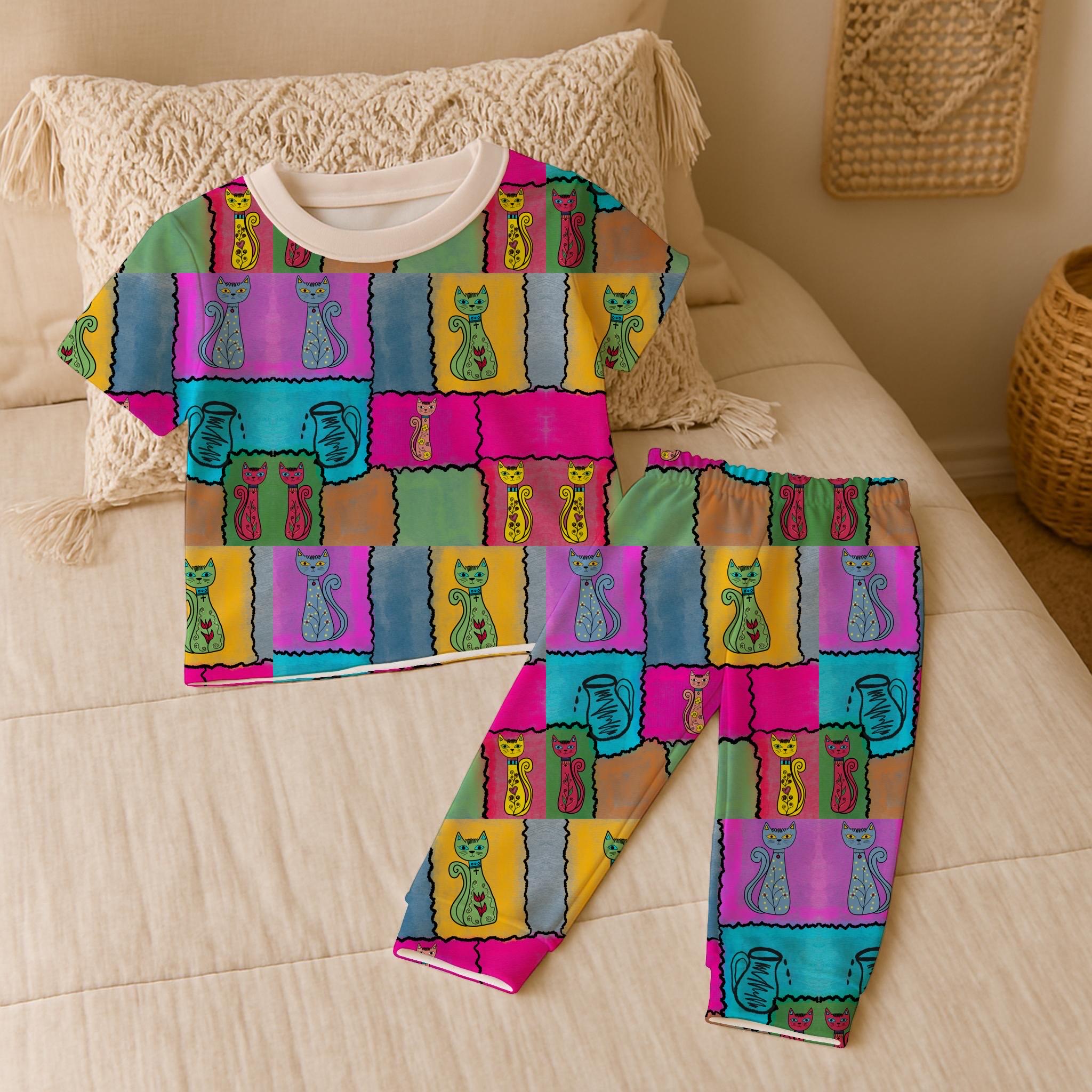 Whimsical Cat Patchwork Fabric – Folk Art Naive Illustration, Boho Quilting Cotton