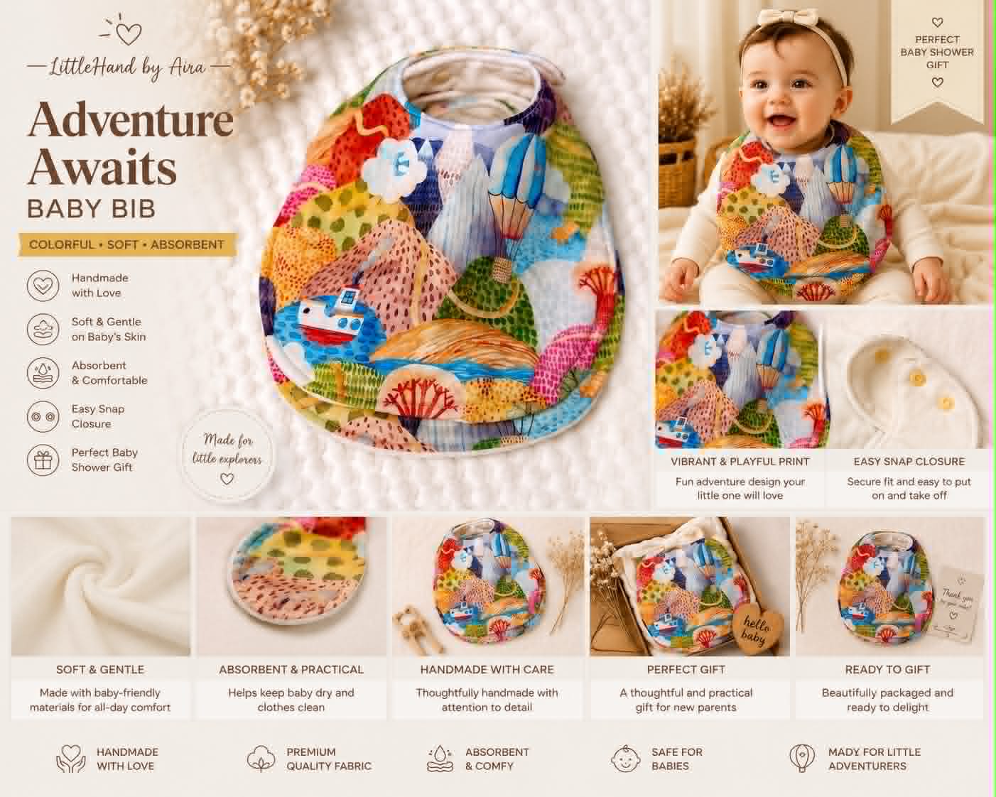 Handmade Hot Air Balloon Baby Bib | Absorbent Feeding Beeb | Drool Bib for Babies & Todddlers