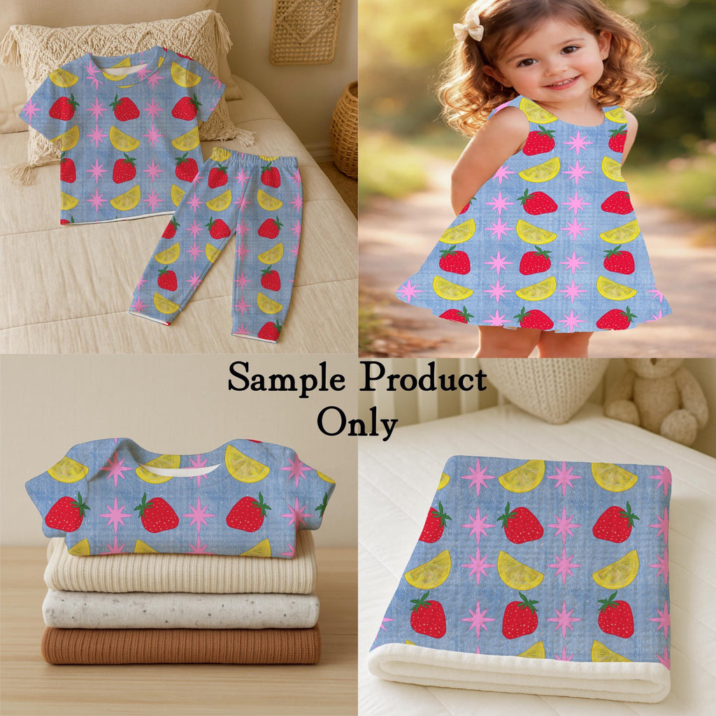 Strawberry Lemon Blue Denim fabric, vintage inspired textile, Fabric by the yard.