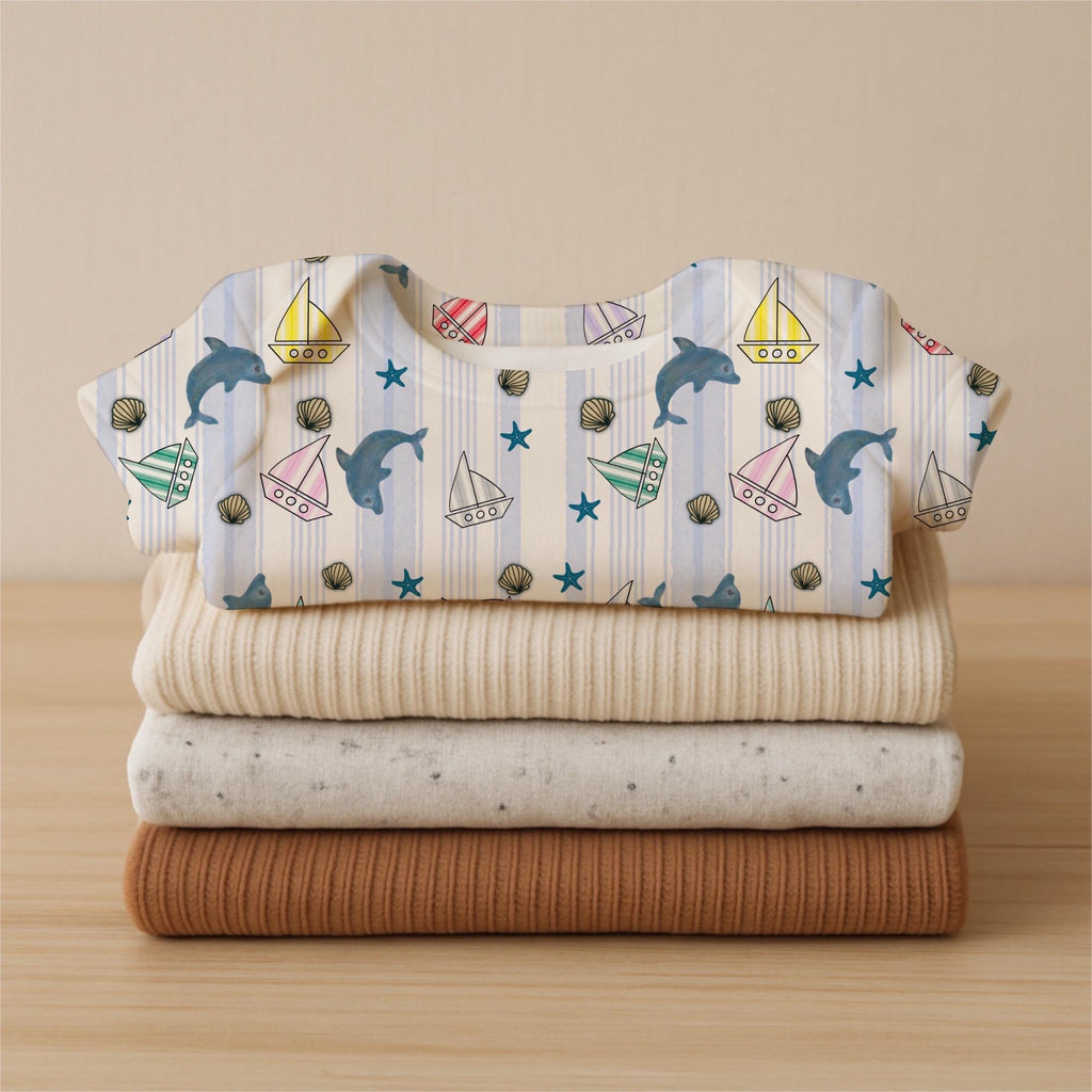 Ocean Dolphin Sailboat Nursery Fabric, Coastal Nautical Cotton Pattern