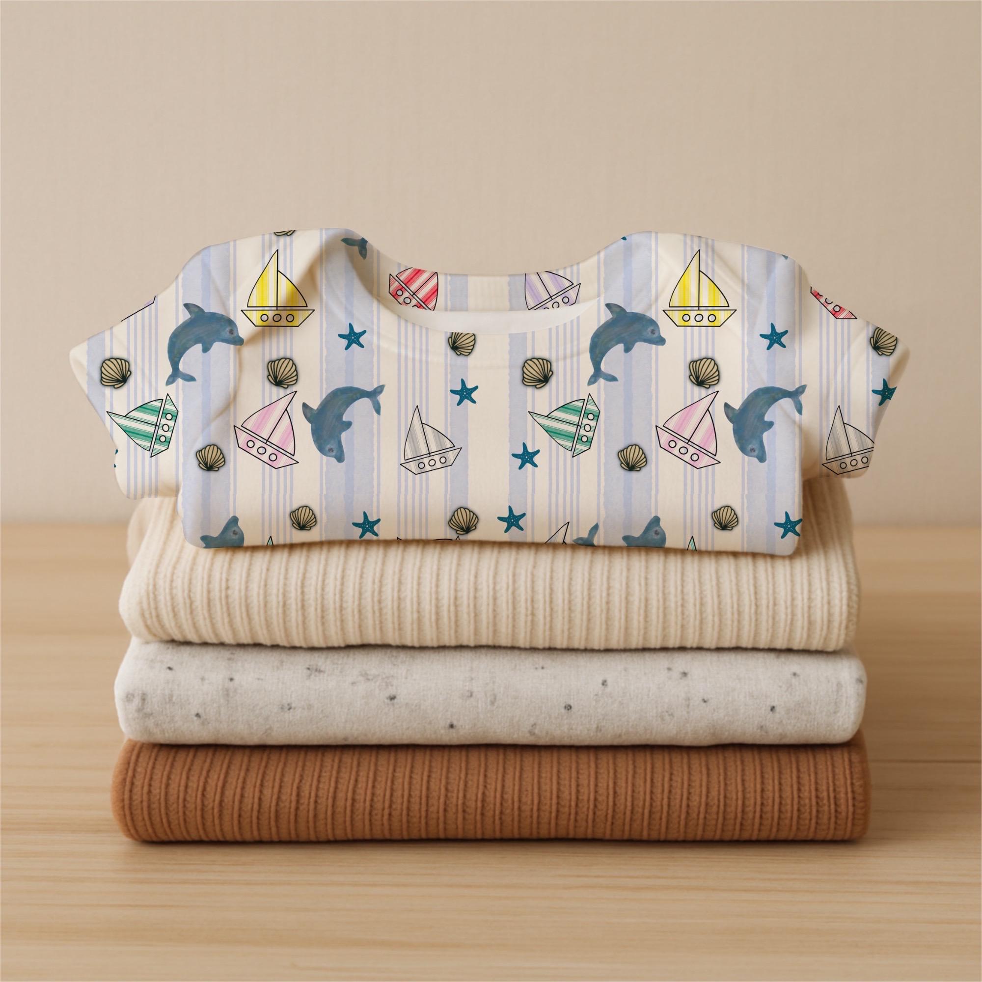 Ocean Dolphin Sailboat Nursery Fabric, Coastal Nautical Cotton Pattern