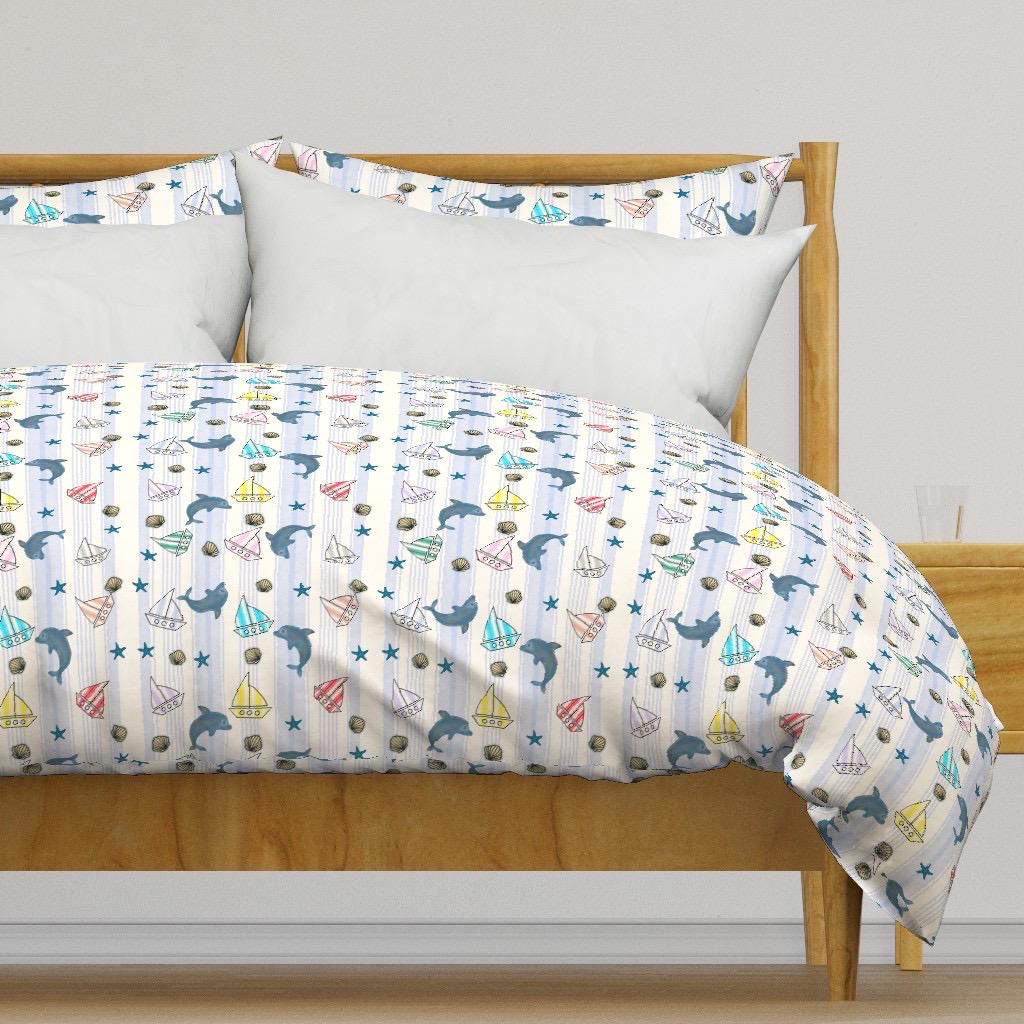 Ocean Dolphin Sailboat Nursery Fabric, Coastal Nautical Cotton Pattern
