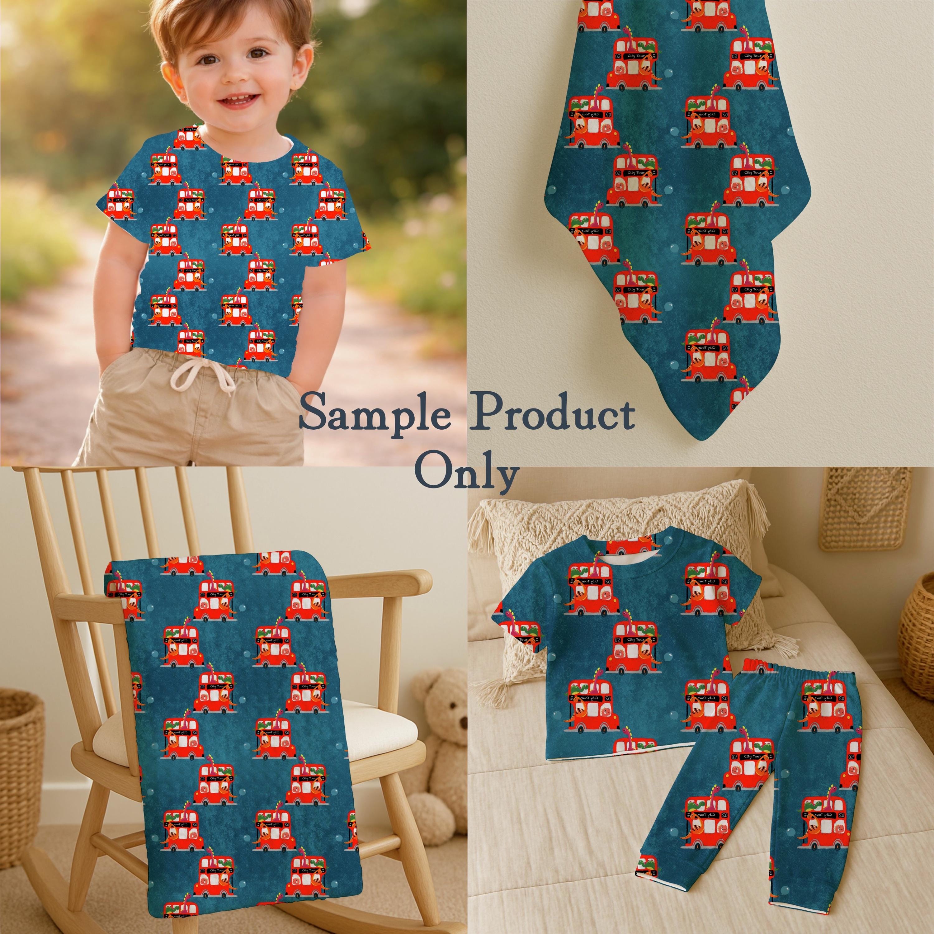 Dinosaur London Bus Fabric by the Yard | Kids Novelty Cotton Print
