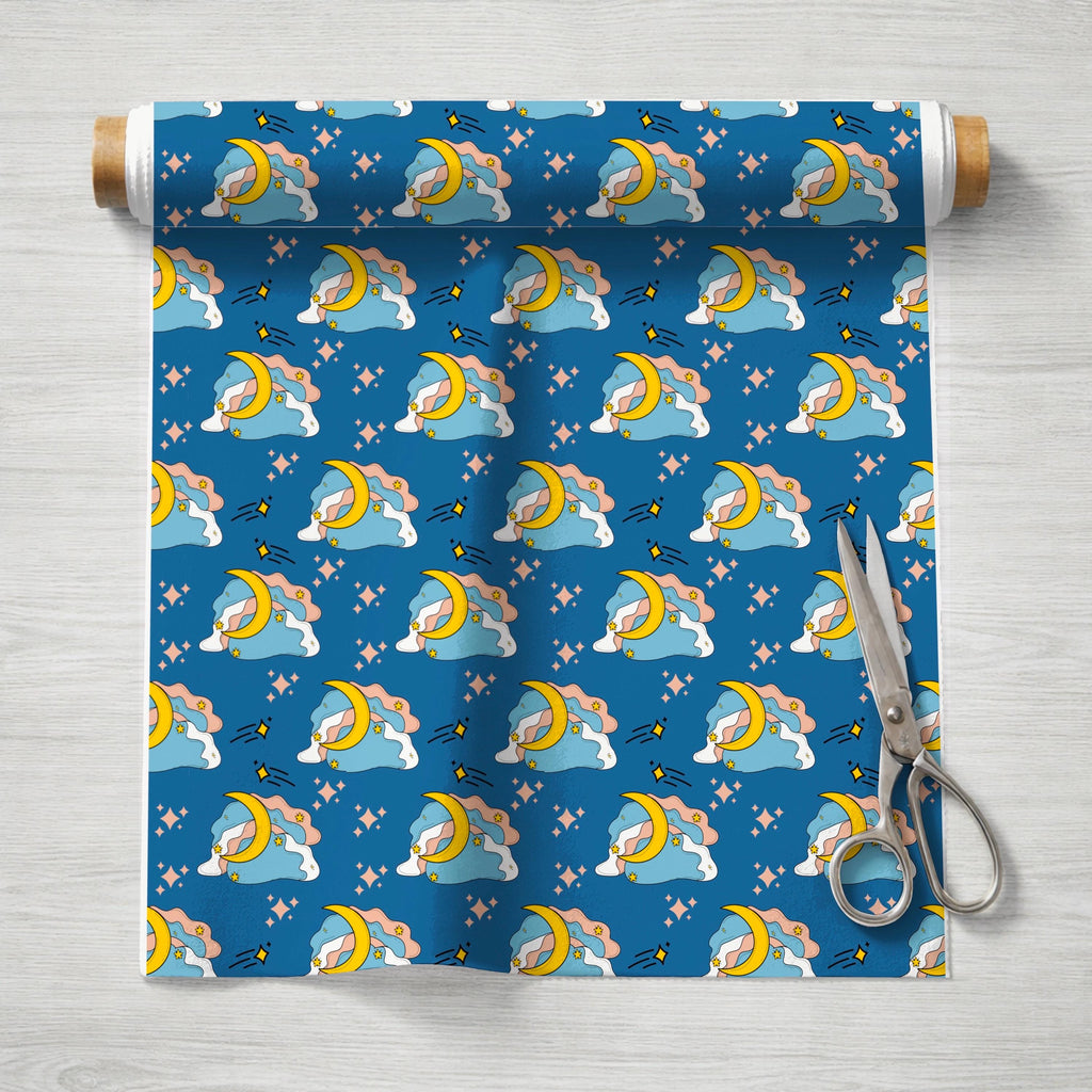 Navy Blue Celestial Cotton Fabric | Moon, Clouds, Stars Print, Nursery Sewing Material