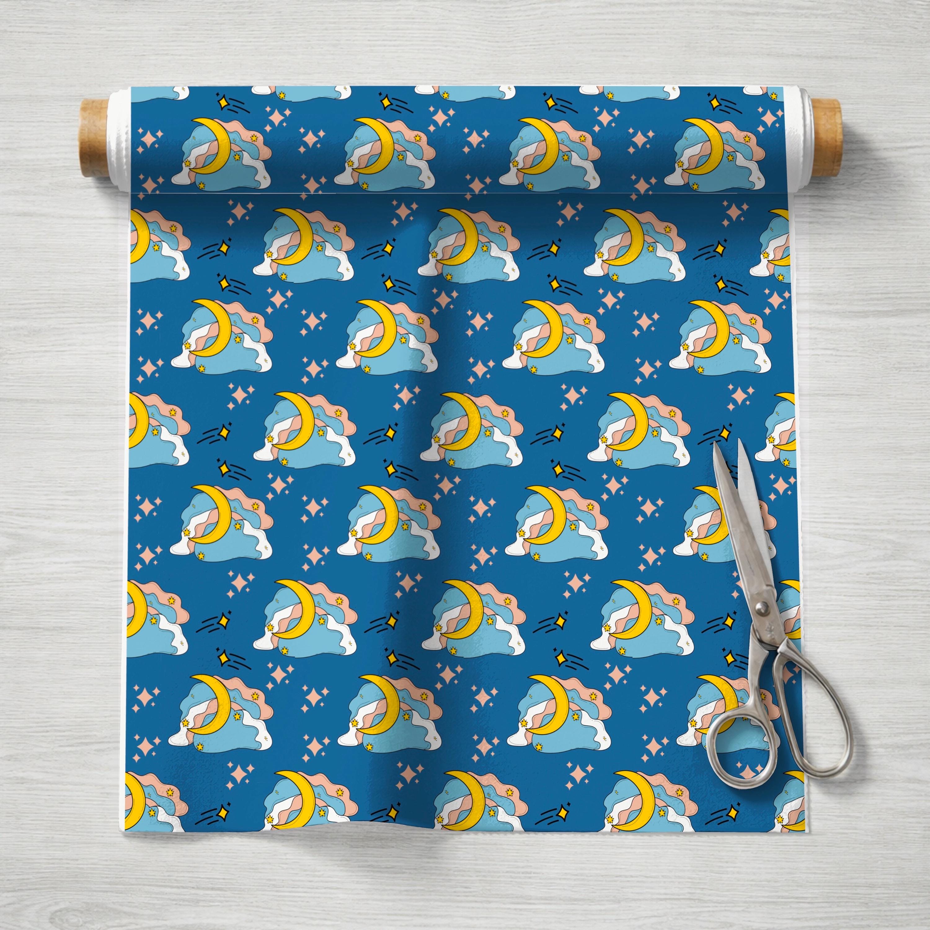 Navy Blue Celestial Cotton Fabric | Moon, Clouds, Stars Print, Nursery Sewing Material