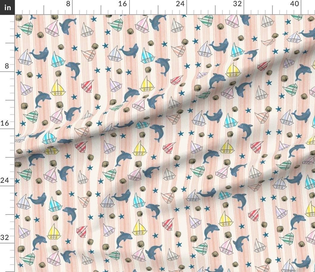 Pastel Dolphin Sailboat Nautical Cotton Fabric, Watercolor Ocean Baby Pattern