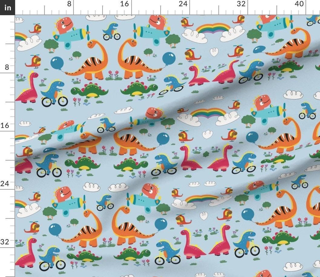 Light Blue Dinosaur Print Cotton Fabric, Kids Quilting Apparel Home Decor