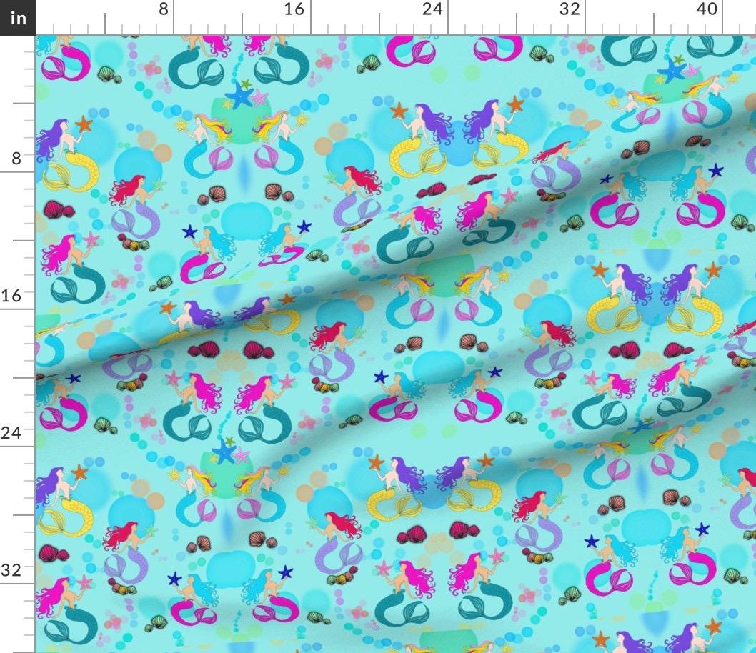 Teal Blue Mermaid Fabric, Satin or Cotton, Quilting Material, Fabricby  the Yard.