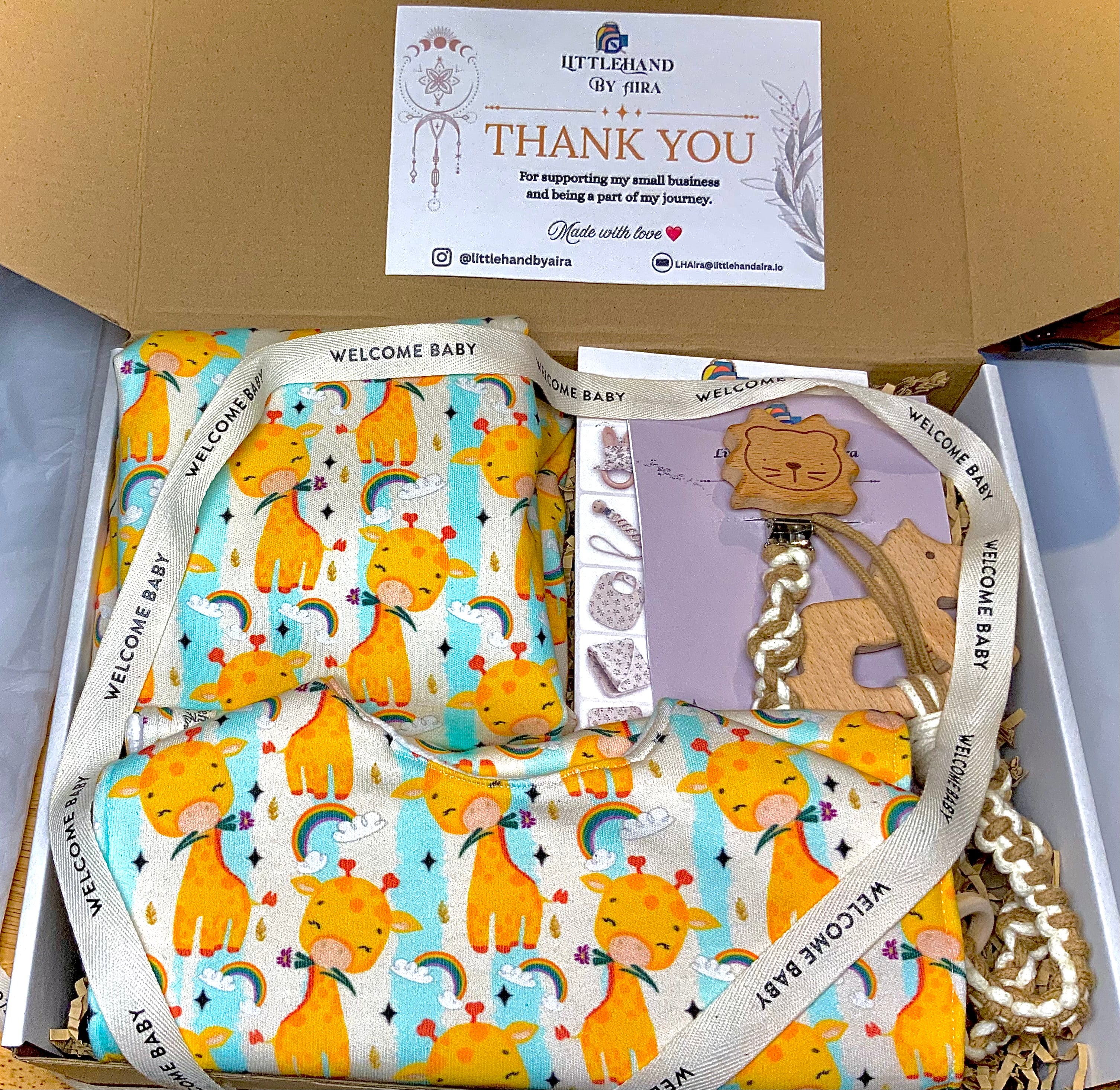Handmade Baby Gift Set, Giraffe Baby Shower Gift, Baby Blanket Bib Burp Cloth Set, Teether Toy, Pacifier Clip, Newborn Gift Box