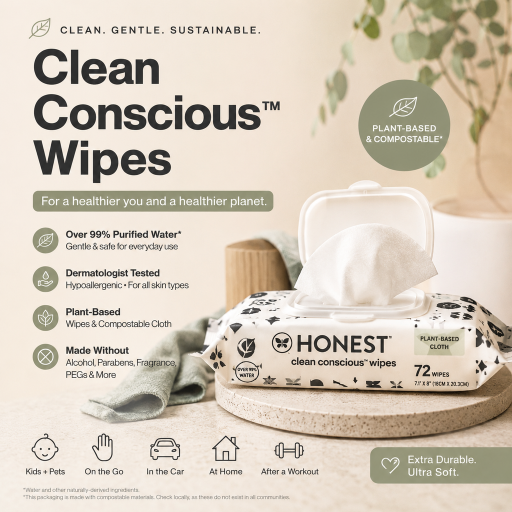 Honest Clean Conscious™ Baby Wipes | Gentle Plant-Based Wipes for Sensitive Baby Skin