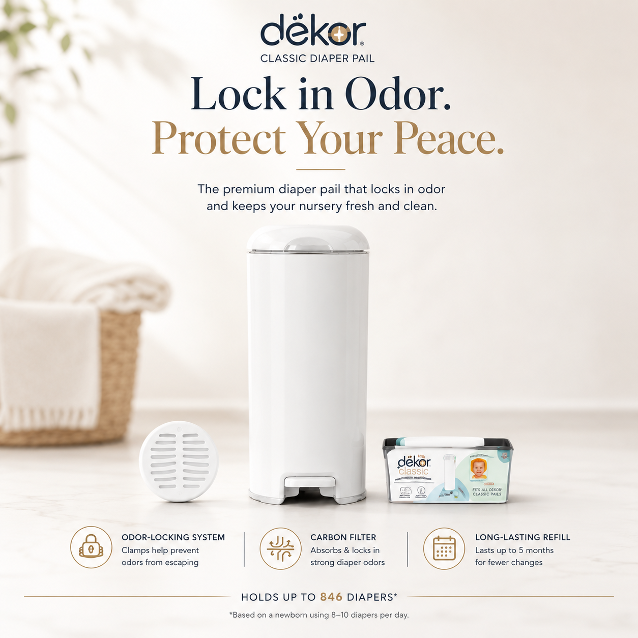 DÉKOR Classic Diaper Pail with Refill & Carbon Filter | Hands-Free Odor Locking Baby Diaper Disposal System