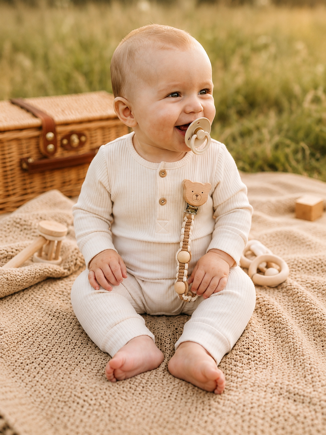 Handmade Macramé Pacifier Clips | Natural Cotton & Wooden Clip | Baby Shower Gift | LittleHandByAira