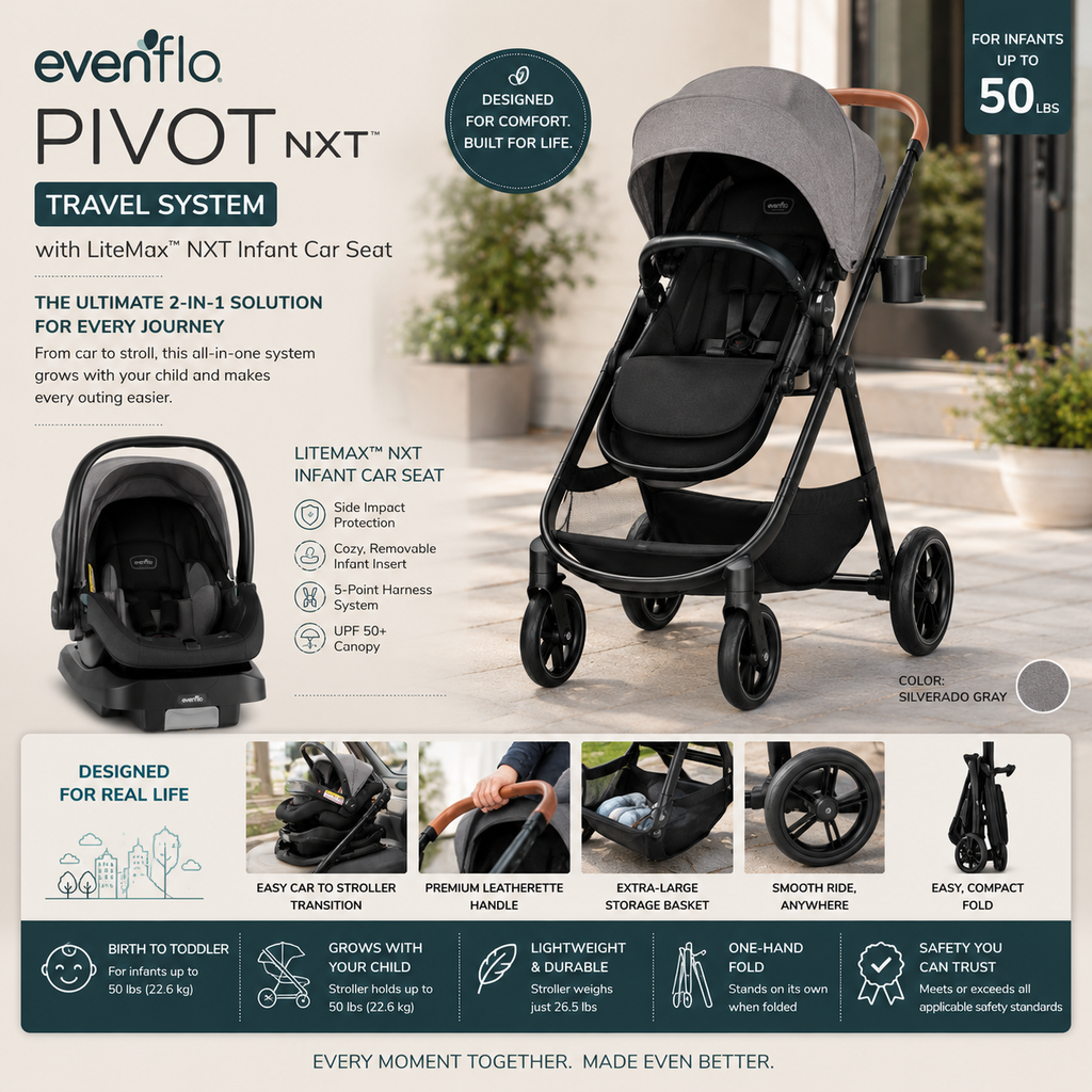 Evenflo Pivot NXT Travel System with LiteMax NXT Infant Car Seat – Silverado Gray