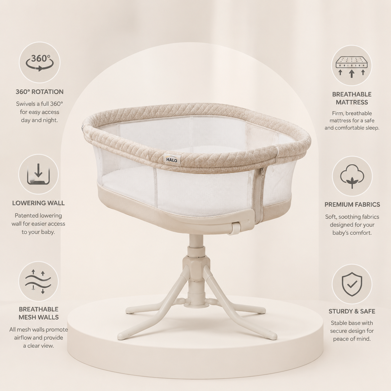 HALO BassiNest® Swivel Sleeper 4.0 Air – Over-Bed Baby Bassinet with 360° Swivel, Breathable Mesh Walls & Mattress, Lowering Wall, Oat