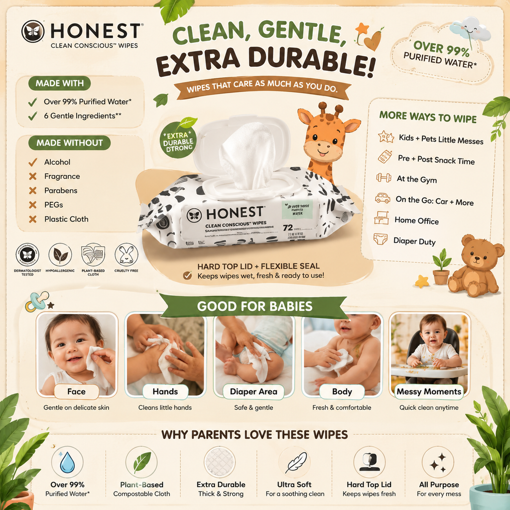 Honest Clean Conscious™ Baby Wipes | Gentle Plant-Based Wipes for Sensitive Baby Skin