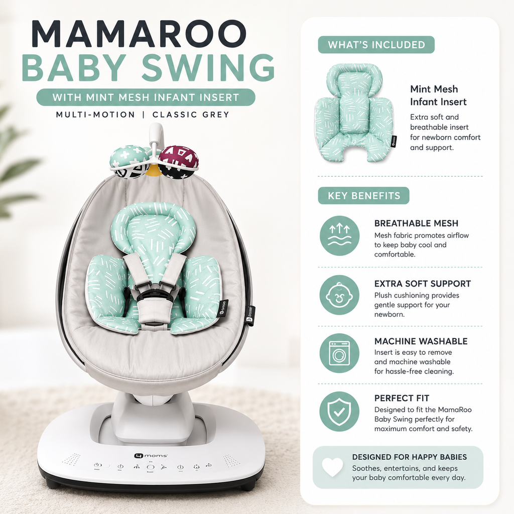 4moms MamaRoo Multi-Motion Baby Swing – Classic Grey with Mint Mesh Infant Insert