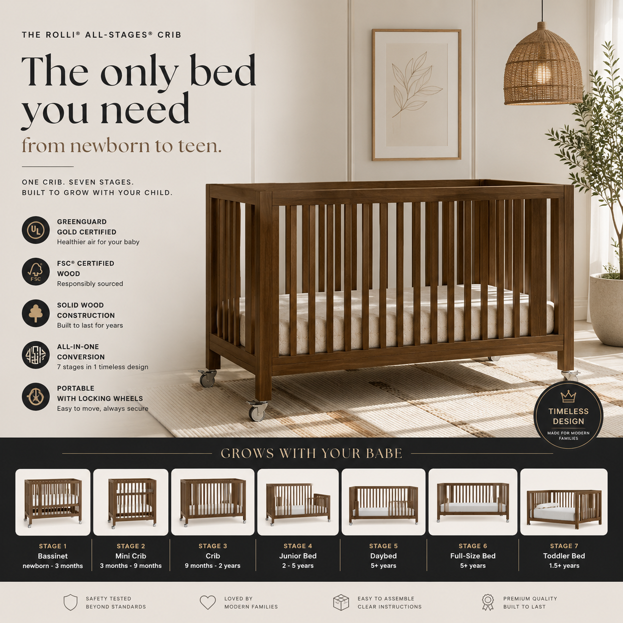 7-in-1 Convertible Baby Crib | Premium Wooden Nursery Crib | Rolli®