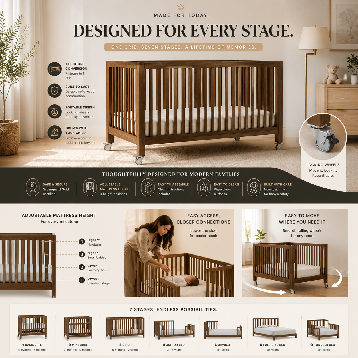 7-in-1 Convertible Baby Crib | Premium Wooden Nursery Crib | Rolli®