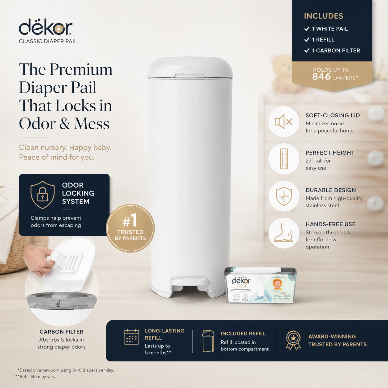 DÉKOR Classic Diaper Pail with Refill & Carbon Filter | Hands-Free Odor Locking Baby Diaper Disposal System