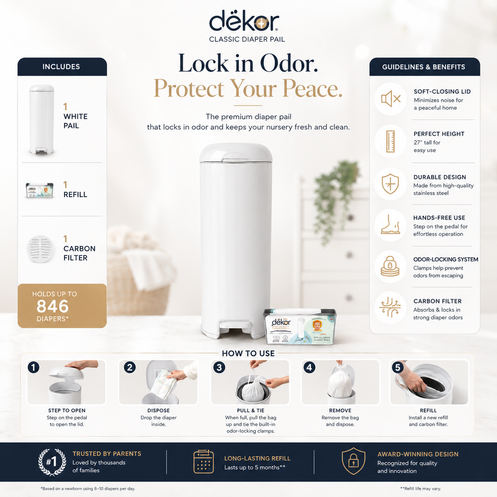 DÉKOR Classic Diaper Pail with Refill & Carbon Filter | Hands-Free Odor Locking Baby Diaper Disposal System