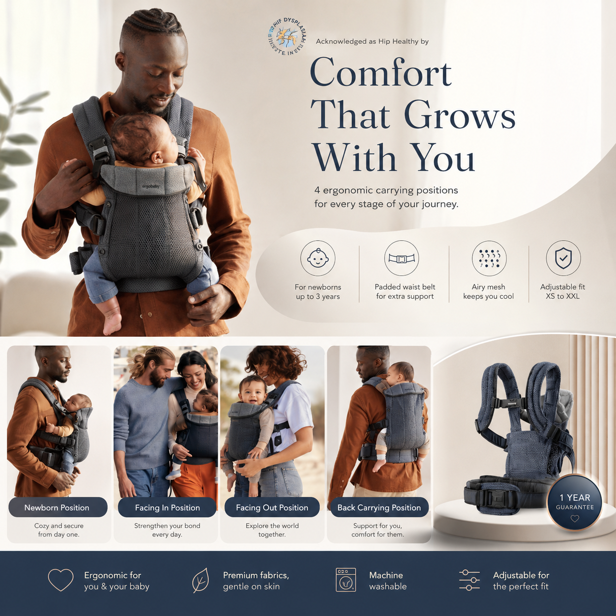 Ergonomic Baby Carrier | Breathable Air Mesh | Newborn to Toddler | Hip-Healthy Design