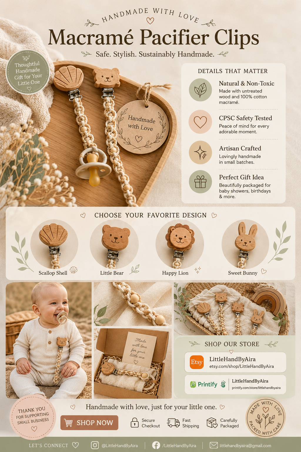 Handmade Macramé Pacifier Clips | Natural Cotton & Wooden Clip | Baby Shower Gift | LittleHandByAira