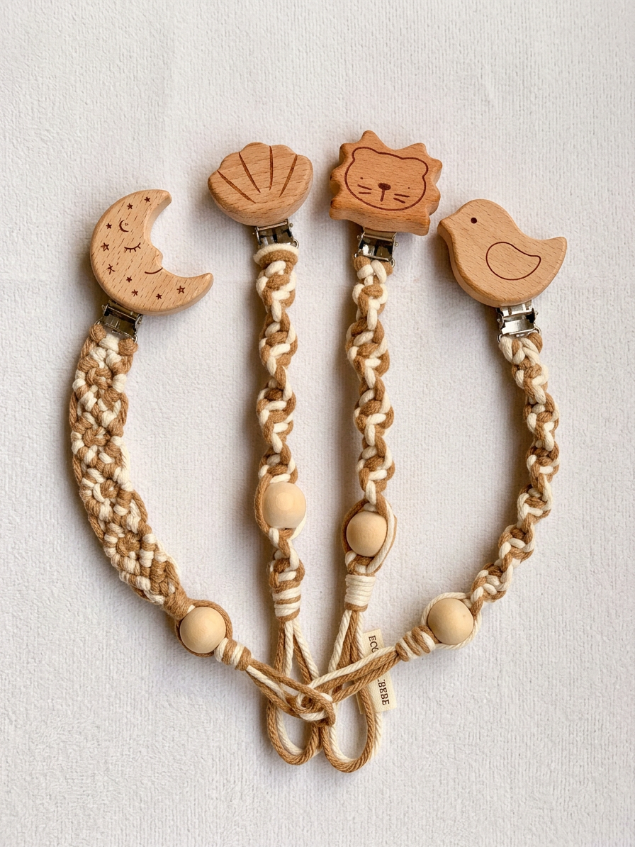 Handmade Macramé Pacifier Clips | Natural Cotton & Wooden Clip | Baby Shower Gift | LittleHandByAira