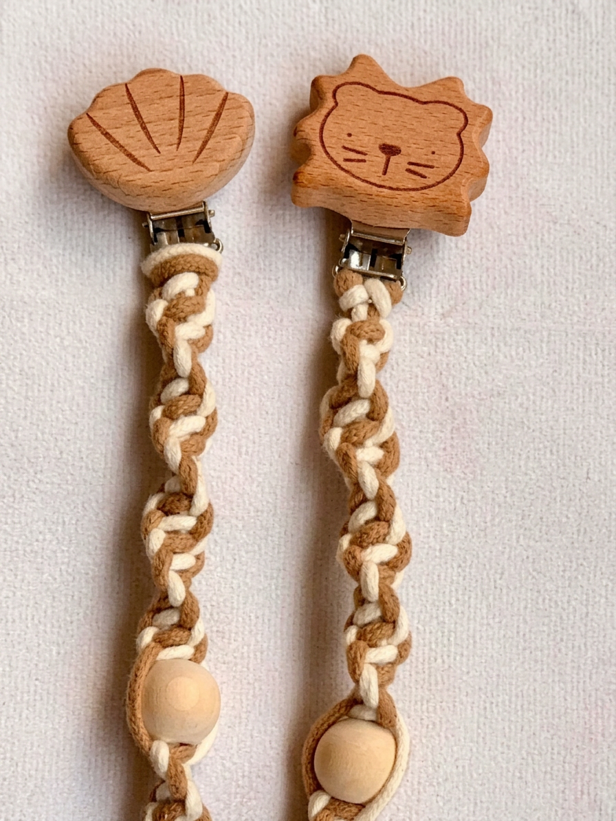 Handmade Macramé Pacifier Clips | Natural Cotton & Wooden Clip | Baby Shower Gift | LittleHandByAira