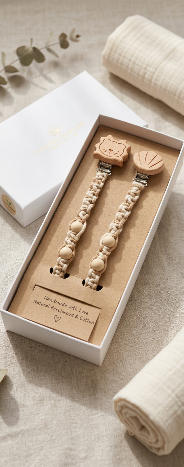 Handmade Macramé Pacifier Clips | Natural Cotton & Wooden Clip | Baby Shower Gift | LittleHandByAira