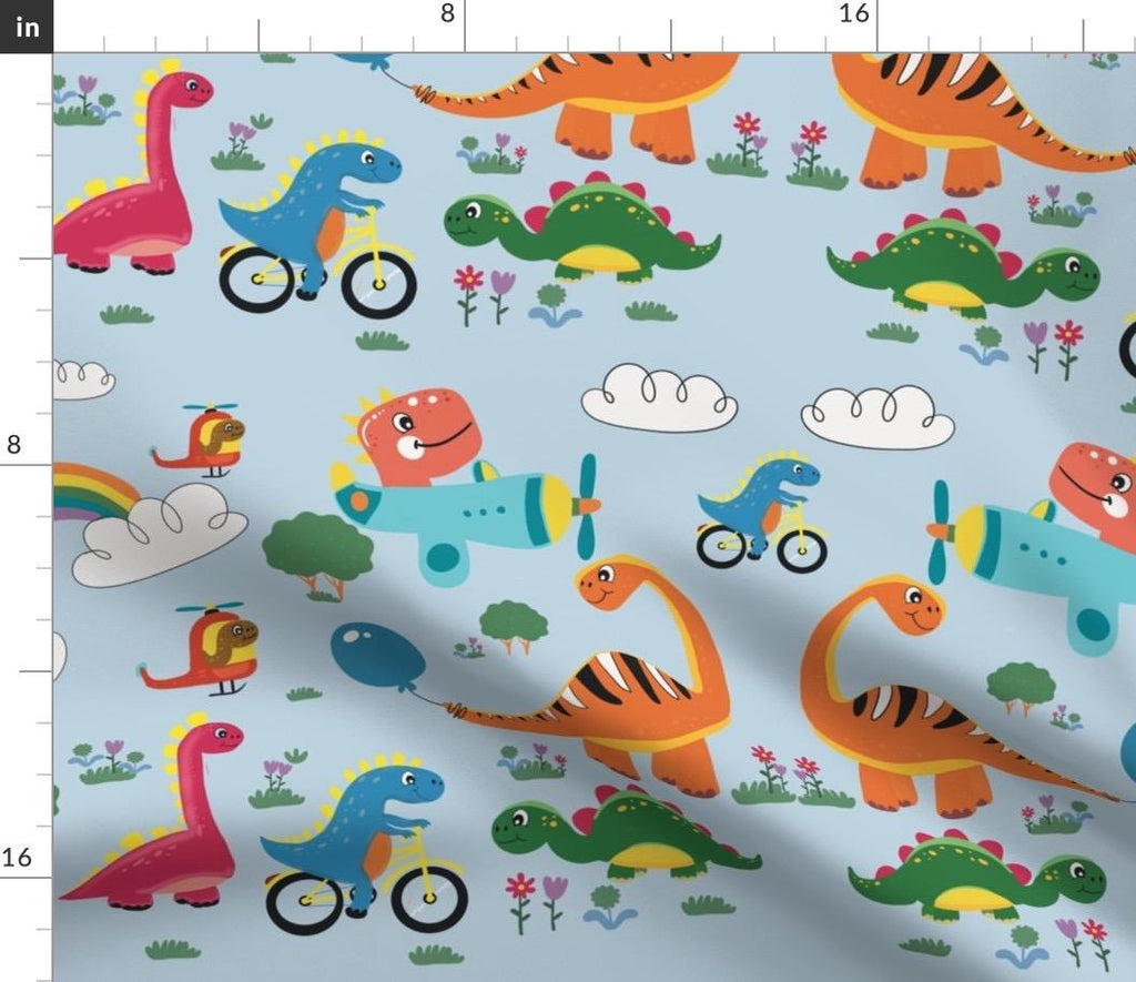 Light Blue Dinosaur Print Cotton Fabric, Kids Quilting Apparel Home Decor