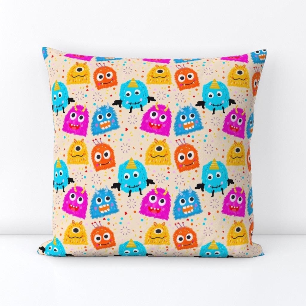 Monster Fabric, Teal Pink Orange Pattern, Nursery Apparel Textile, By Yard