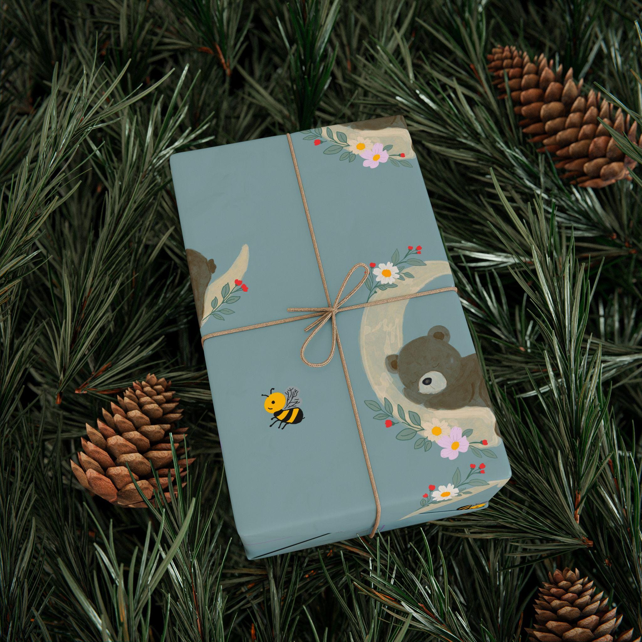 Floral Bees Bear Pattern Wrapping Paper | Roll