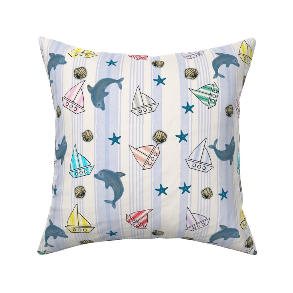 Ocean Dolphin Sailboat Nursery Fabric, Coastal Nautical Cotton Pattern