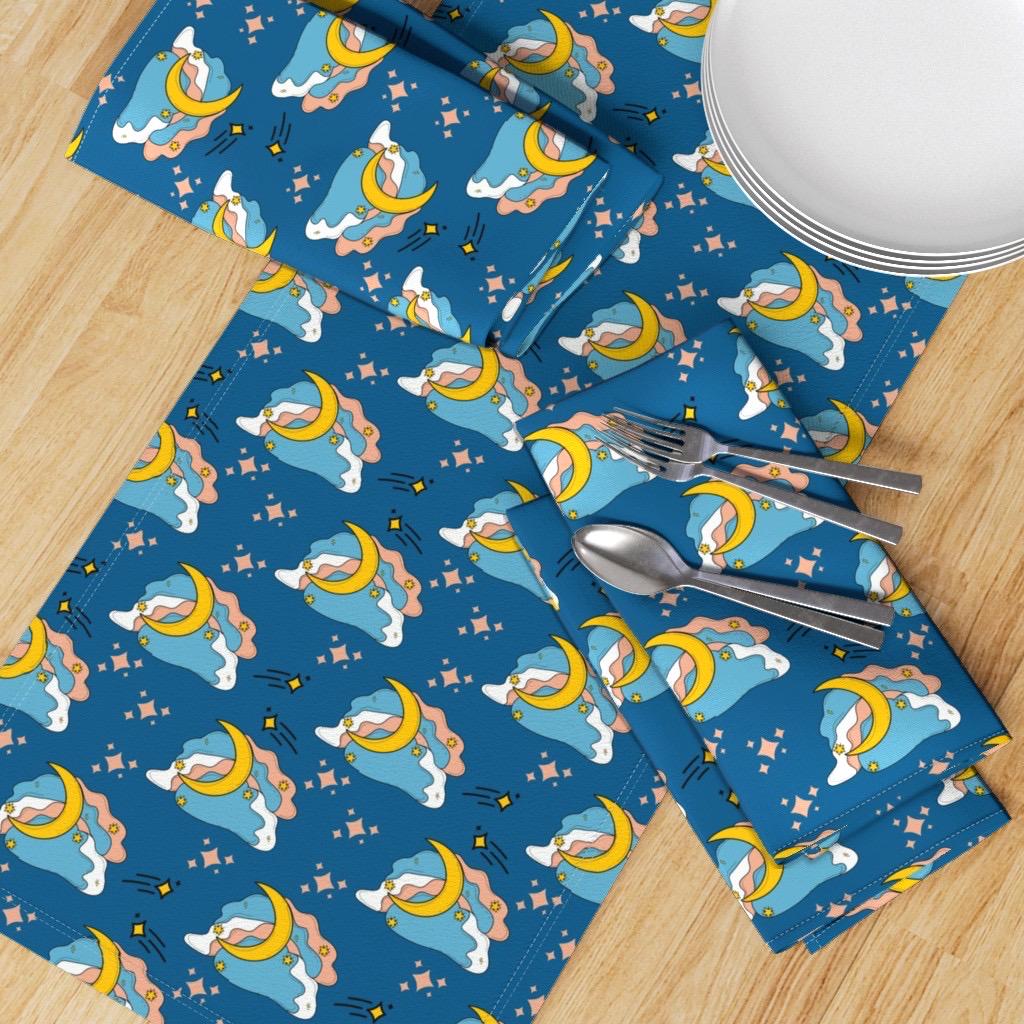 Navy Blue Celestial Cotton Fabric | Moon, Clouds, Stars Print, Nursery Sewing Material